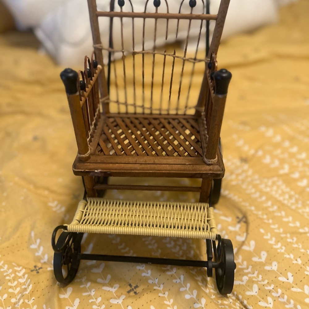 Vintage Wooden Doll Stroller with Wicker Seat